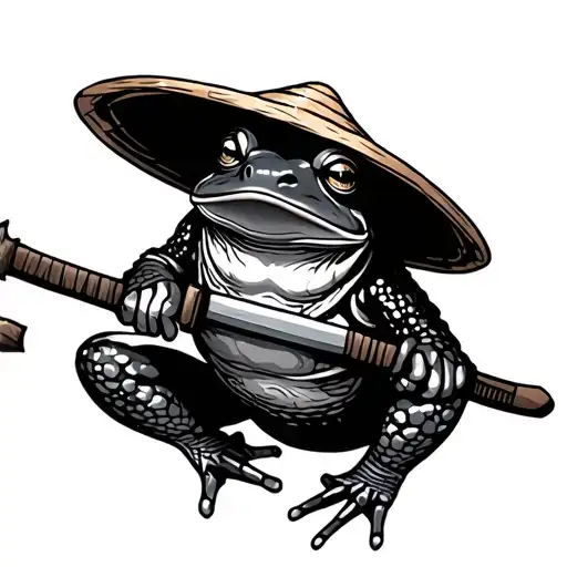Japanese Samurai Frog Wearing Straw Hat And Has Sword