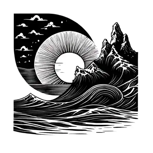 Fine Line Wave Sun And Mountain Tattoo Fine Line Drawing
