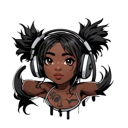 Cartoon Black Girl Gamer Headset And Holding