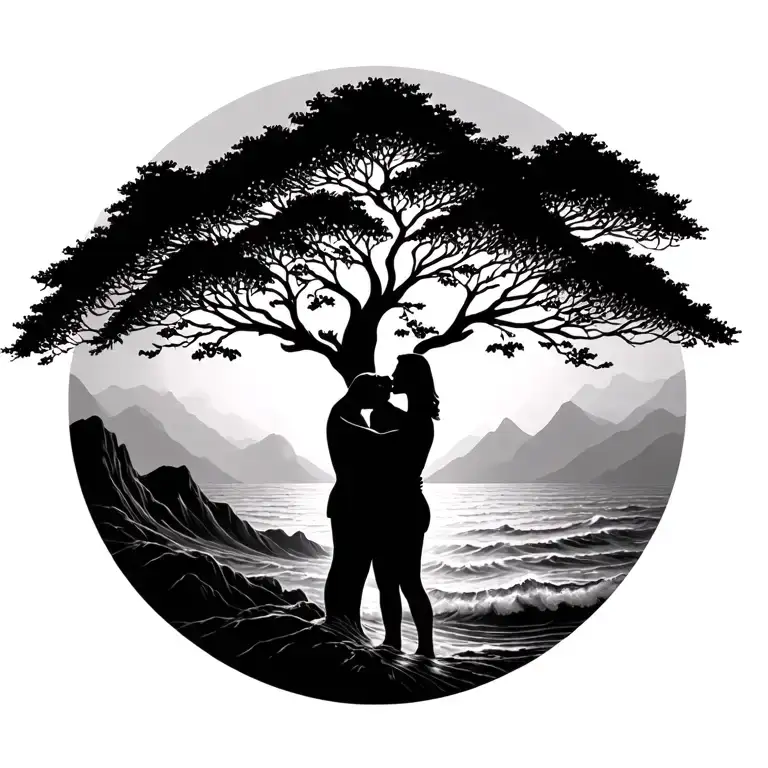 Tree Of Life 2 People Hugging Around The Ocean And Mountains