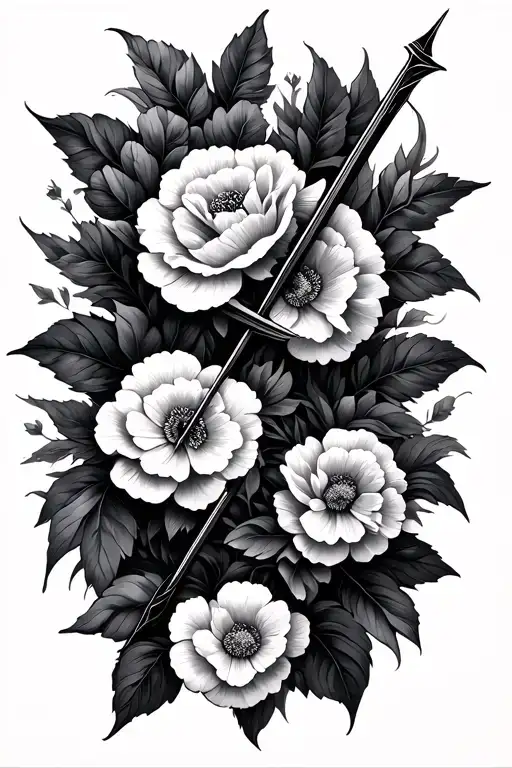 Bow And Arrow Surrounded By Carnations Flowers Intertwined