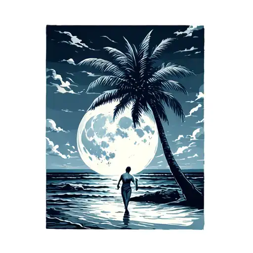 Palm Tree Beach Person Walking Blue Moon