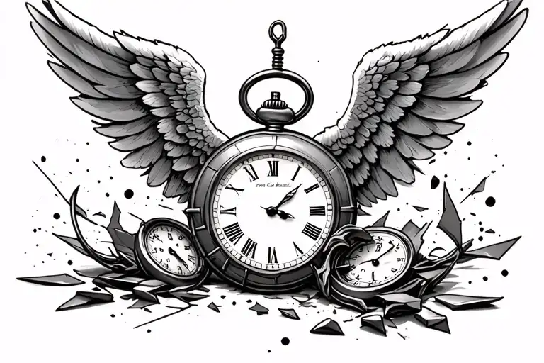 Angel Wings With Broken Pocket Watch Surrounded