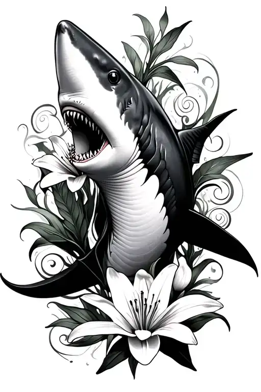 Shark With Lily Flowers And Abstract Swirls Through Out The Background