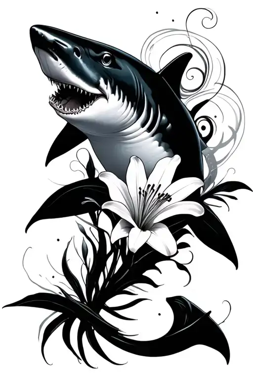 Shark With Lily Flowers And Abstract Swirls Through Out The Background Very Light And Minimalistic