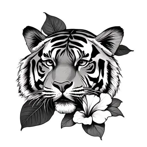 Tiger Face With Hibiscus And Monstera Plant