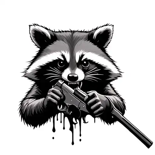 A Realistic Raccoon With A Scary Looking Face And Face Melting Holding A Shotgun
