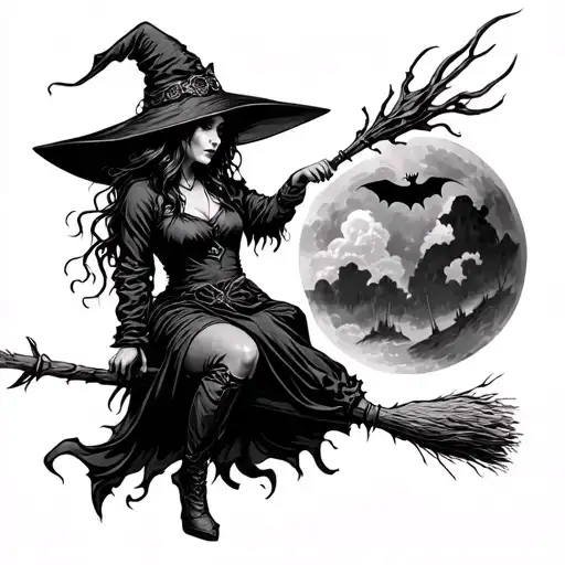 Gothic Witch Riding A Broomstick