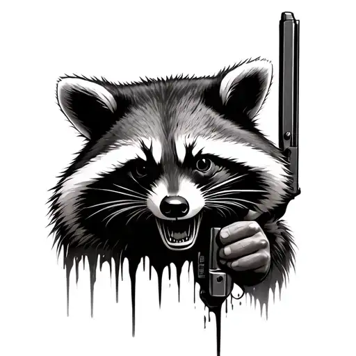 A Realistic Really Scary Looking Raccoon Who's Face Is Melting Holding A Shotgun