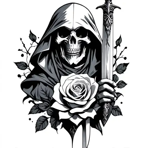 Reaper Holding Sword With Skull And Dead Rose