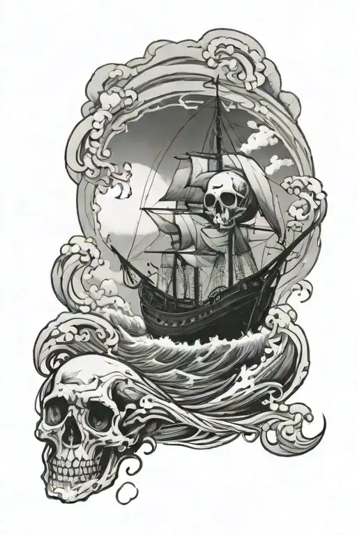 Middle Of Ocean Waves With Lighting Storm And Skeleton In A Boat