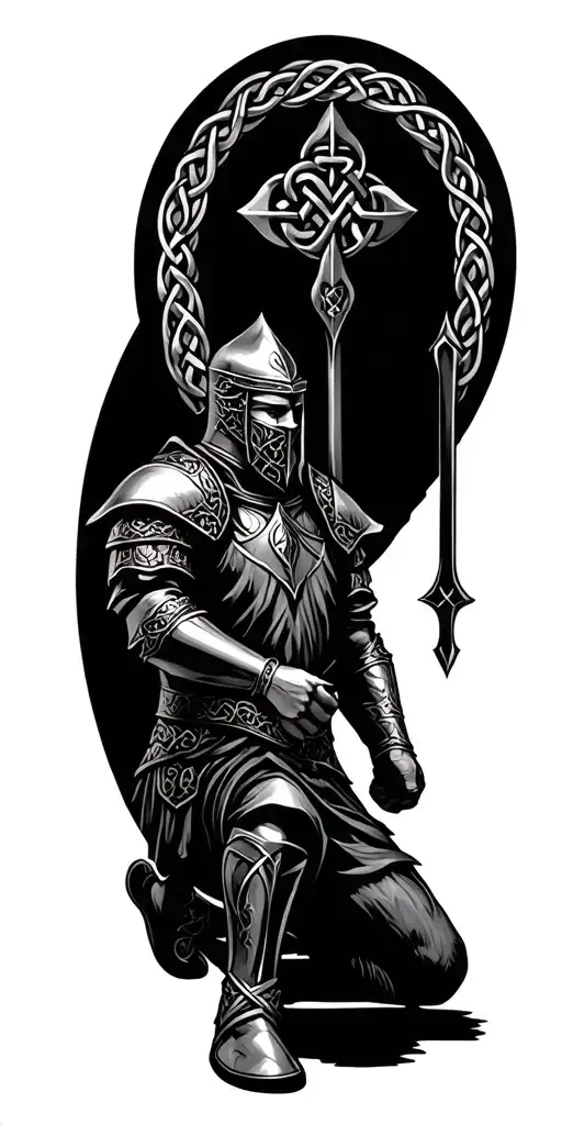 Kneeling Irish Knight Surround By Celtic Knots