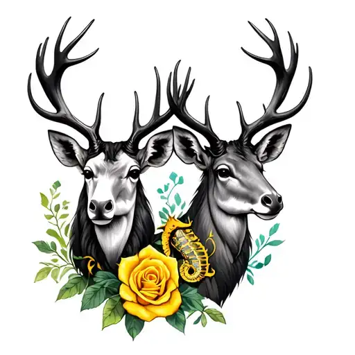 2 Stag Heads With An A Yellow Rose And A Seahorse