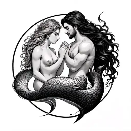 Mermaid And Merman Gracefully Holding Tattoo idea