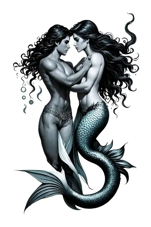 Mermaid And Merman Gracefully Holding Tattoo idea