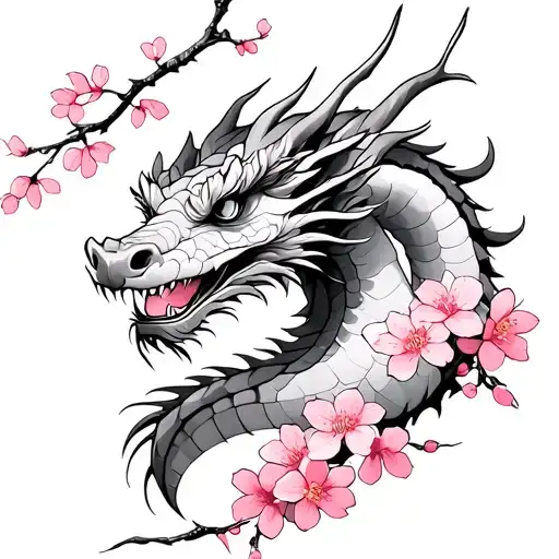 Create A Small Light Fine Line Tattoo With An Eastern Dragon With A Detailed Pink Cherry Blossoms