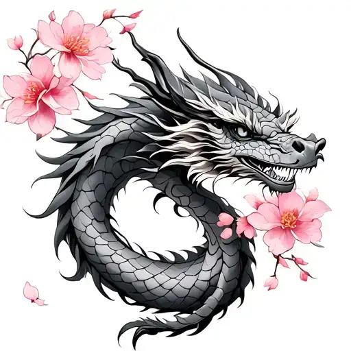 Create A Small Light Fine Line Tattoo With An Eastern Dragon With A Detailed Pink Cherry Blossoms