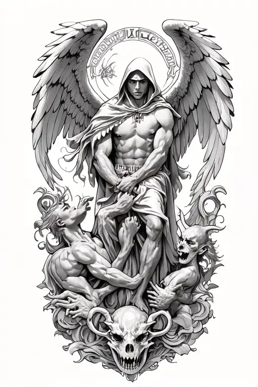 Hooded Arch Angel Defeating A Demon