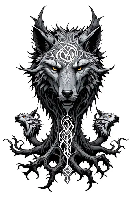 Yggdrasil And Fenrir With Runes Tattoo idea