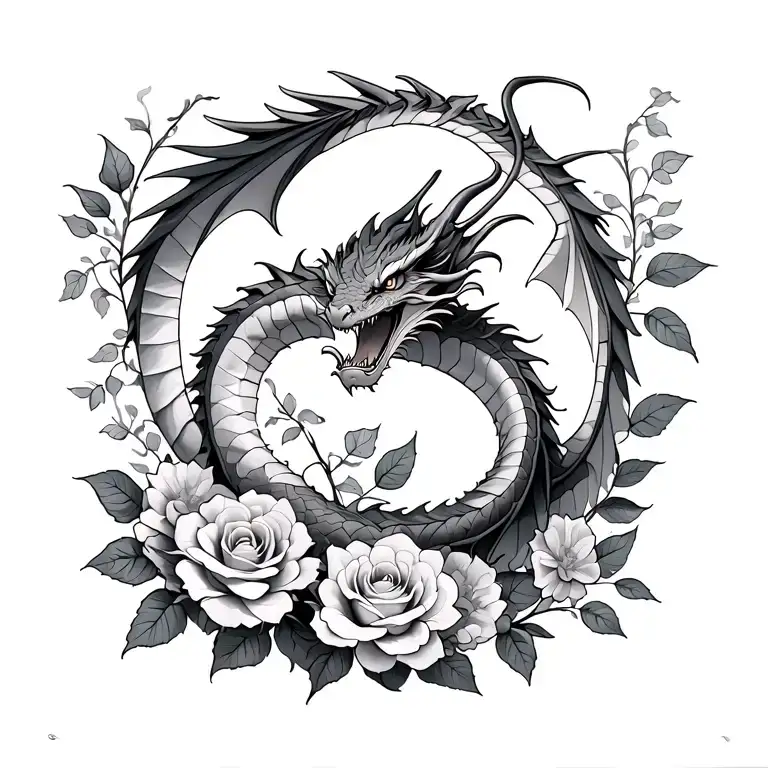 Dragon Flying With Roses And Marigold Flower