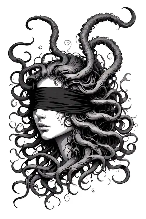 Medusa With A Slighty Fallen Blindfold And One Eye Peaking