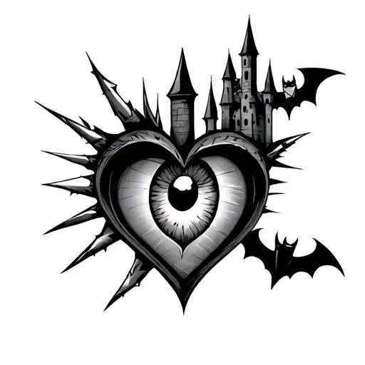 Eye And A Heart With Spikes And A Castle And A Bat