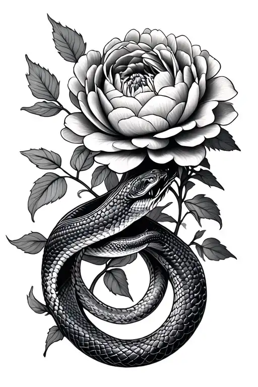 Snake Wrapped In Peony Flowers Tattoo idea