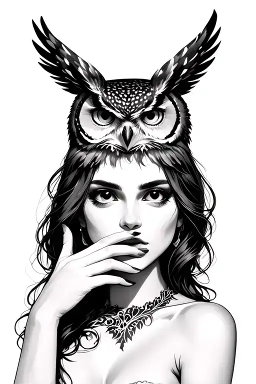 Female With Owl On Head Doing Shh Tattoo idea