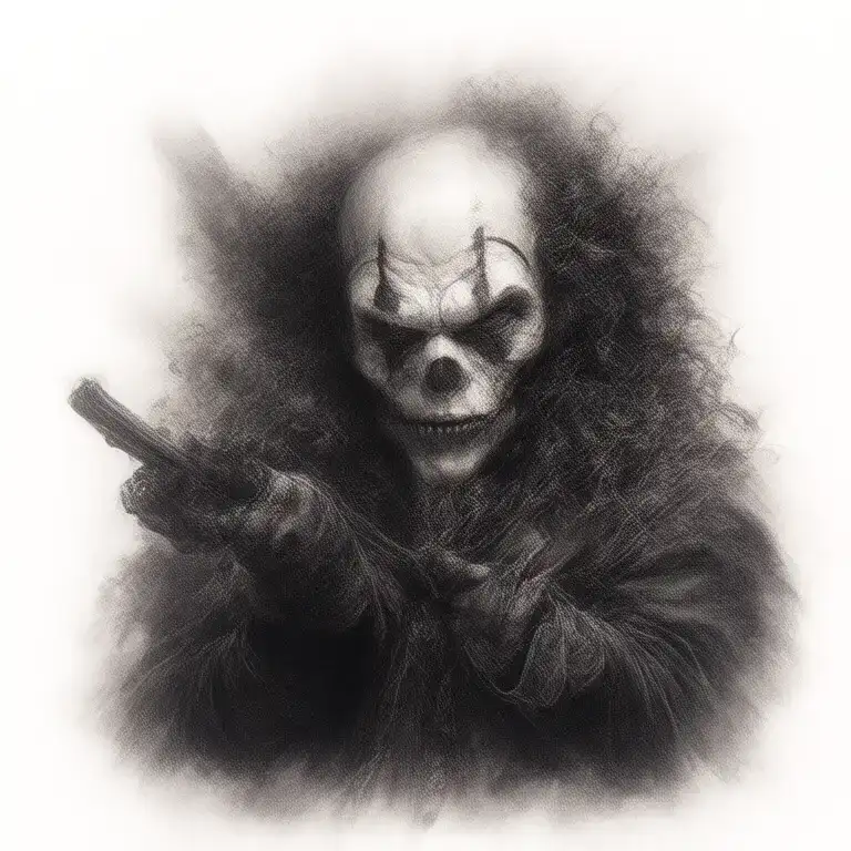Scary Clown With Gun To Grim Reaper's Head