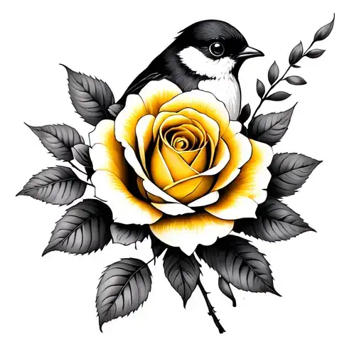 Yellow Rose And A Robin Bird
