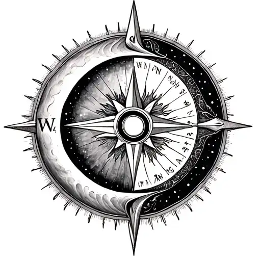 Compass Rose Sun And Moon Merging Renaissance Engraving
