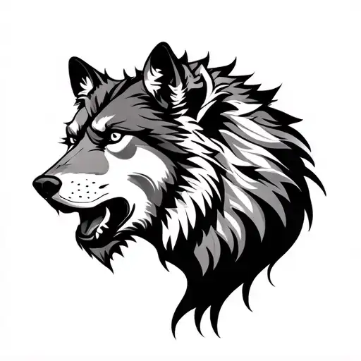 Split Wolf And Lion Head
