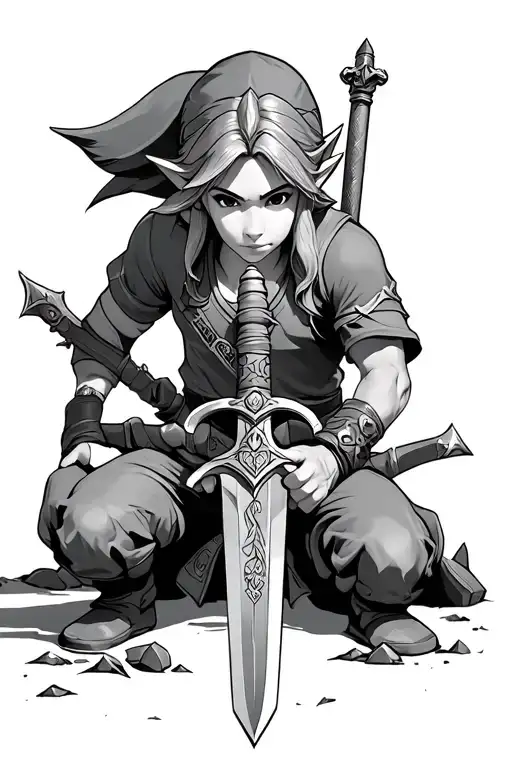 Realism Link From Legend Of Zelda Kneeling With The Master Sword Into The Ground