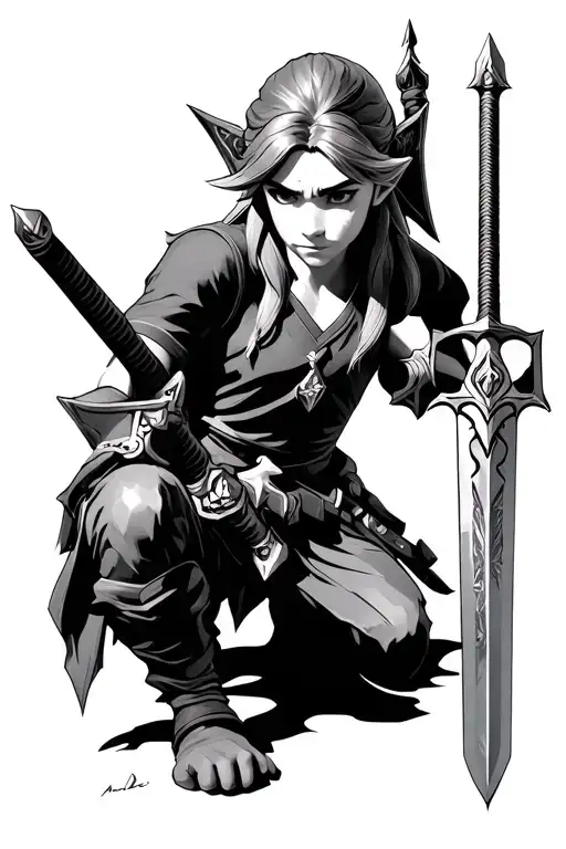 Realism Link From Legend Of Zelda Kneeling With The Master Sword Into The Ground
