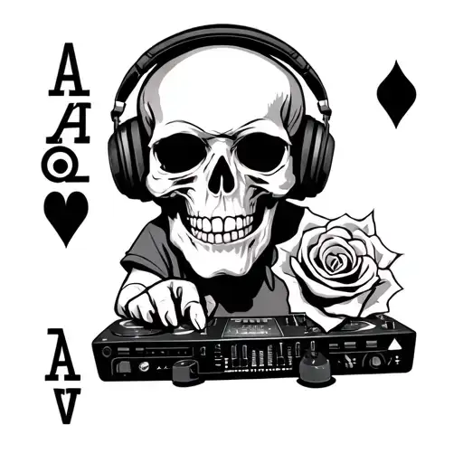 Skull Wearing Headphones And Djing With Rose And Ace Of Harts Card Behind It