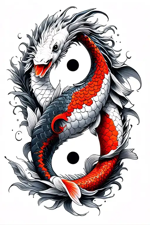 Koi Fish Yin Yang Red Dragon