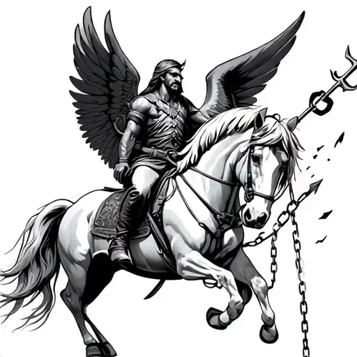 Posoiden With A Trident Riding A Draft Horse With Wings Breaking Chains Trying To Fly Away Tattoo idea