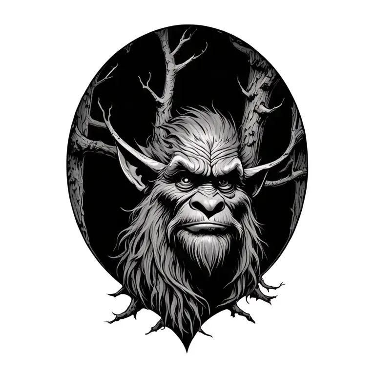 Norwegian Troll In Old Forest Trees Looking