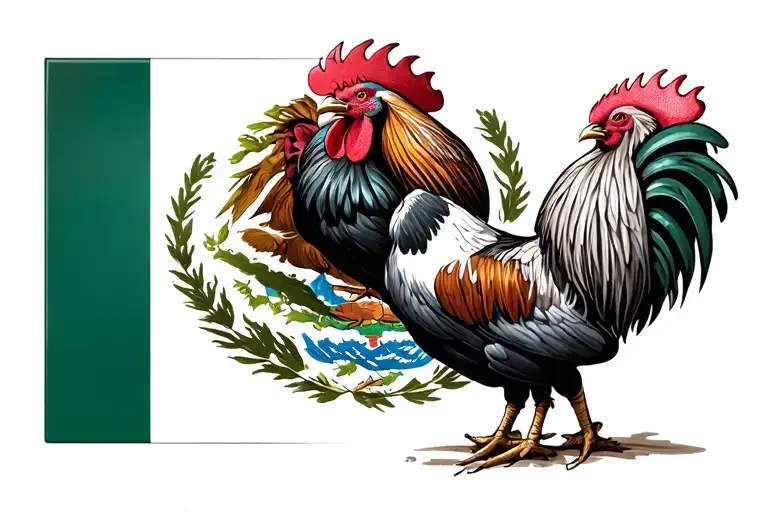Big Mexico Flag In Background With Two Roosters Fighting In Front