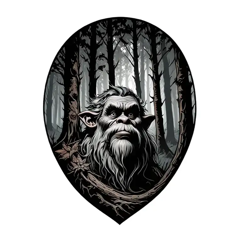 Norwegian Troll In Old Forest Trees Looking