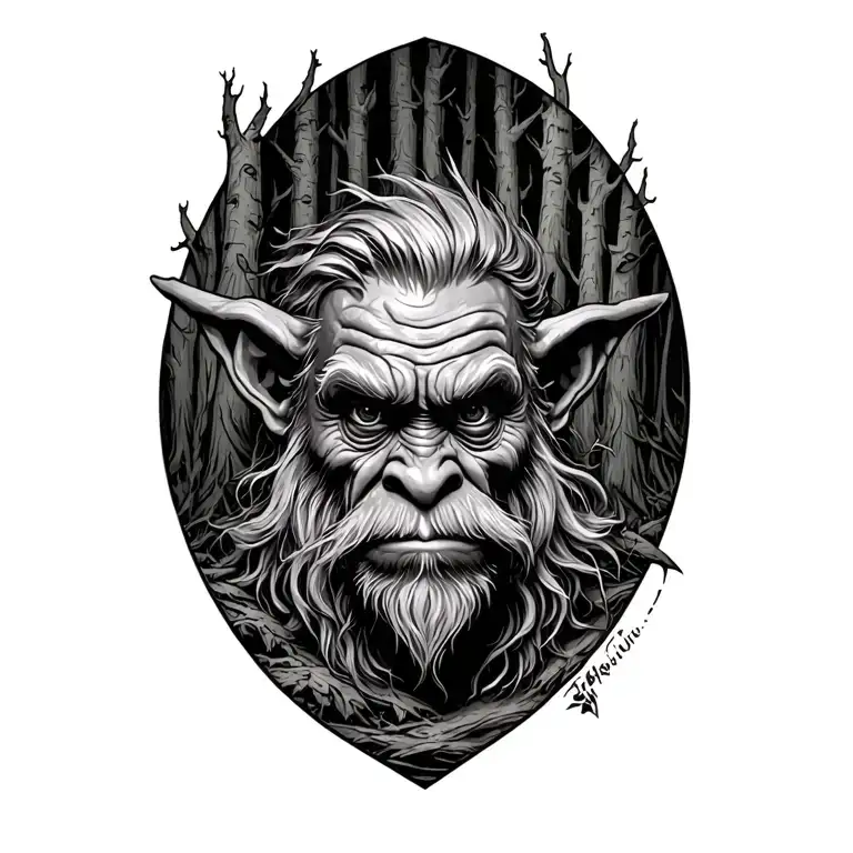 Norwegian Troll In Old Forest Trees Looking
