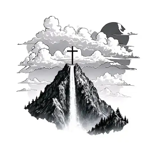 Mountain With Waterfall And Clouds Above It With Bible Verse Under It Cross On Top Of The Mountain