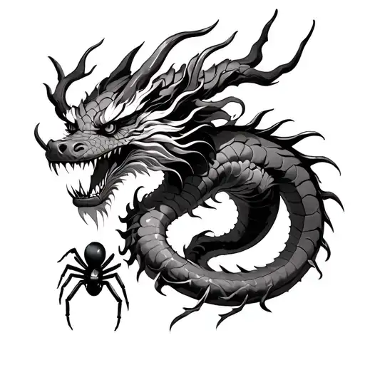 Chinese Dragon With Thorns With A Spider