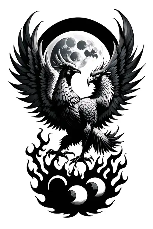 Phoenix Rising From Flames With Moon Phases