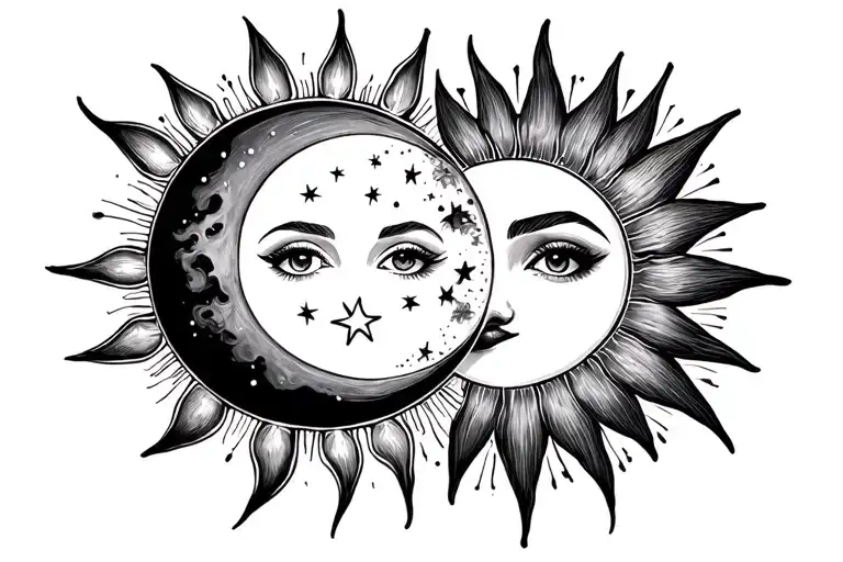 Sun And Moon With Stars Shining