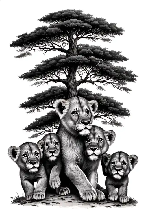 5 Baby Lion Cubs Playing In Deser With Tress In Back Of Forearm