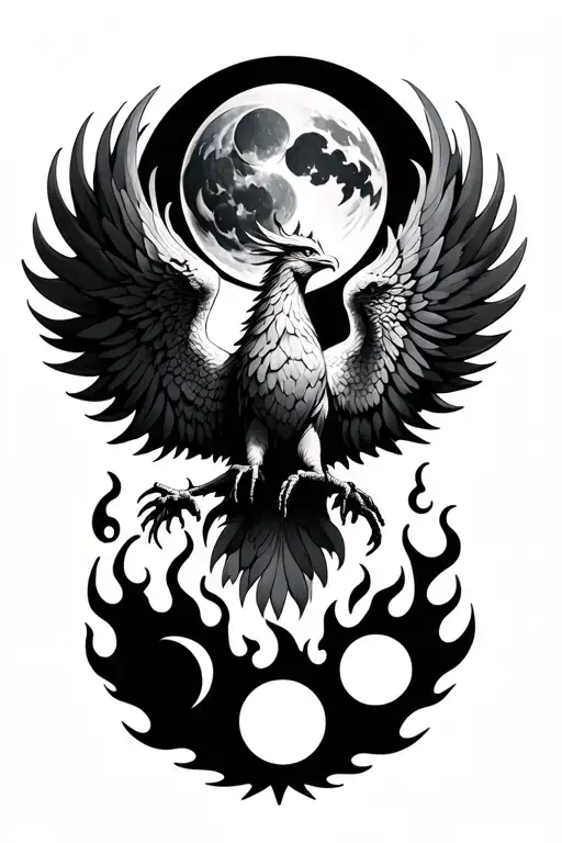 Phoenix Rising From Flames With Moon Phases