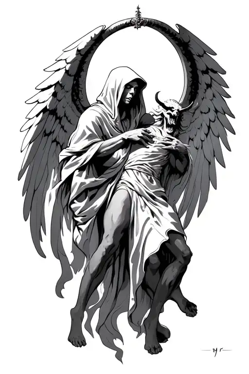 Hooded Arch Angel Defeating A Demon