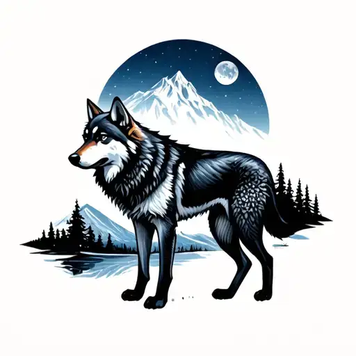 A Wolf With A Landscape And A Blue Moon