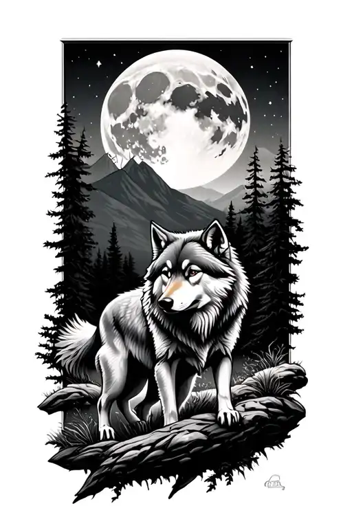 Wolf In A Landscape With A Moon